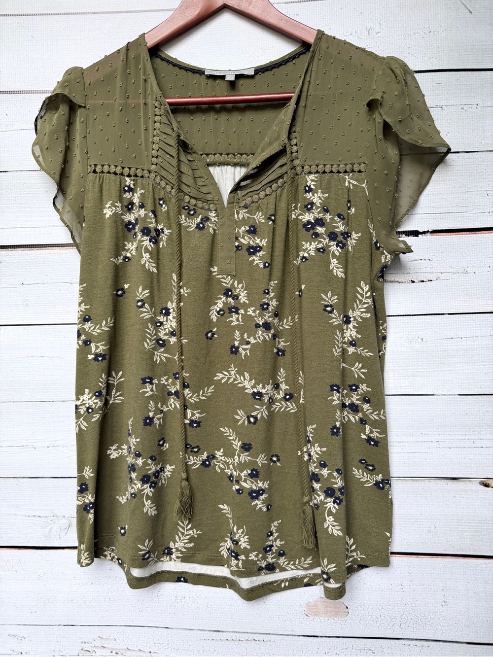 Daniel Rainn Olive Green Floral Split-Neck Blouse